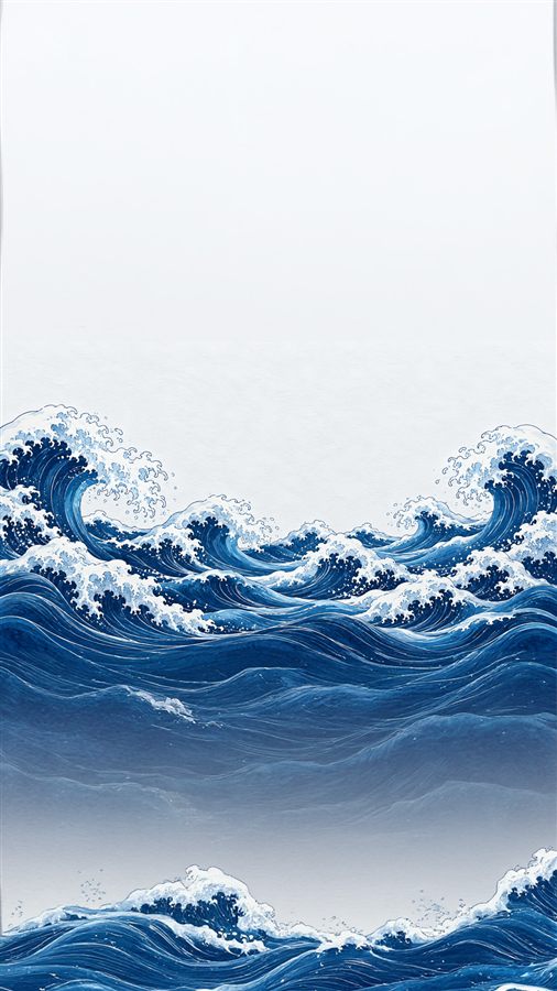 The same wave illustration extended by Outpaint to a 1080x1920 phone wallpaper, with new sky and water generated above and below the original